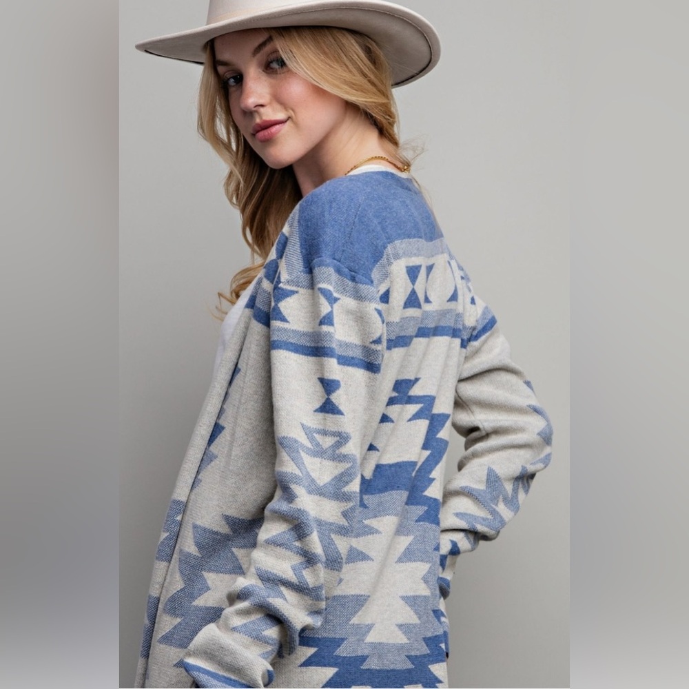 Jessica Simpson Blue Aztec Geometric Longline Duster Cardigan - Picture 4 of 14